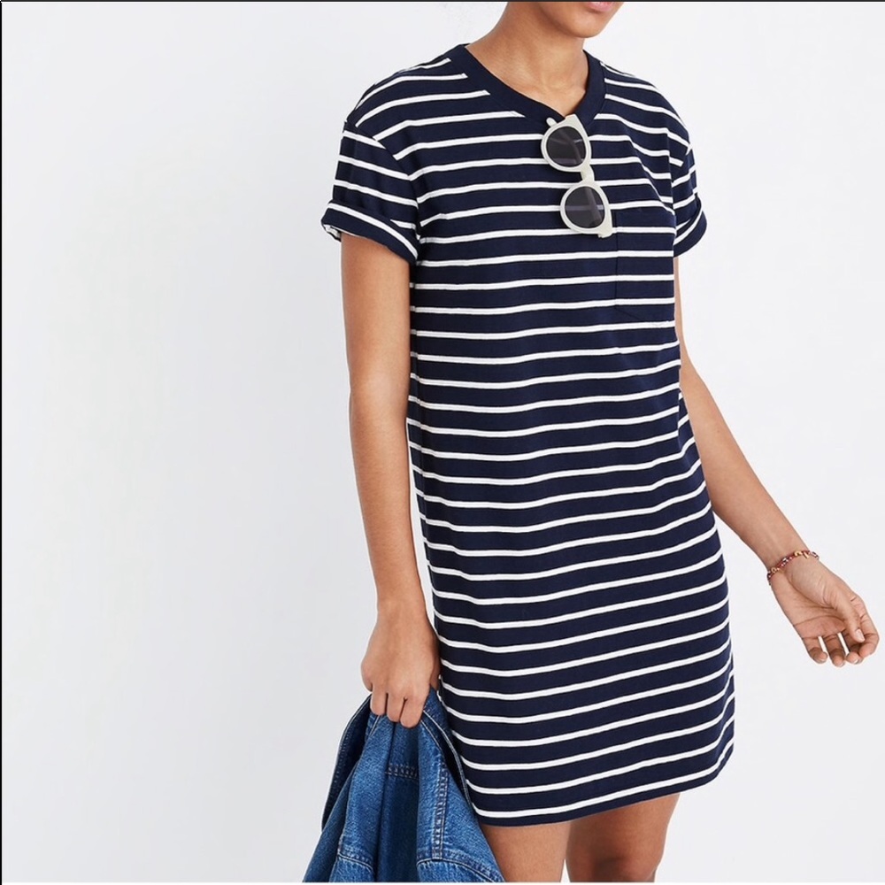 MADEWELL Striped Pocket Tee Dress- Navy and White